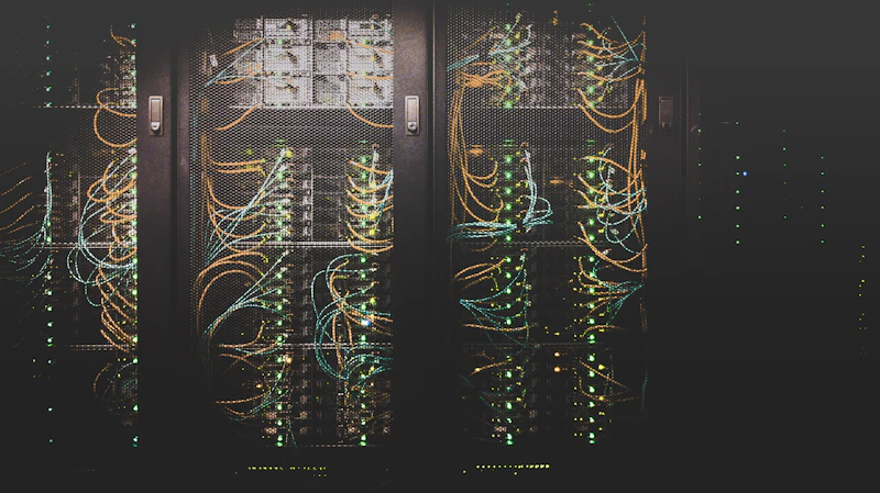 Corredor de data center com servidores iluminados